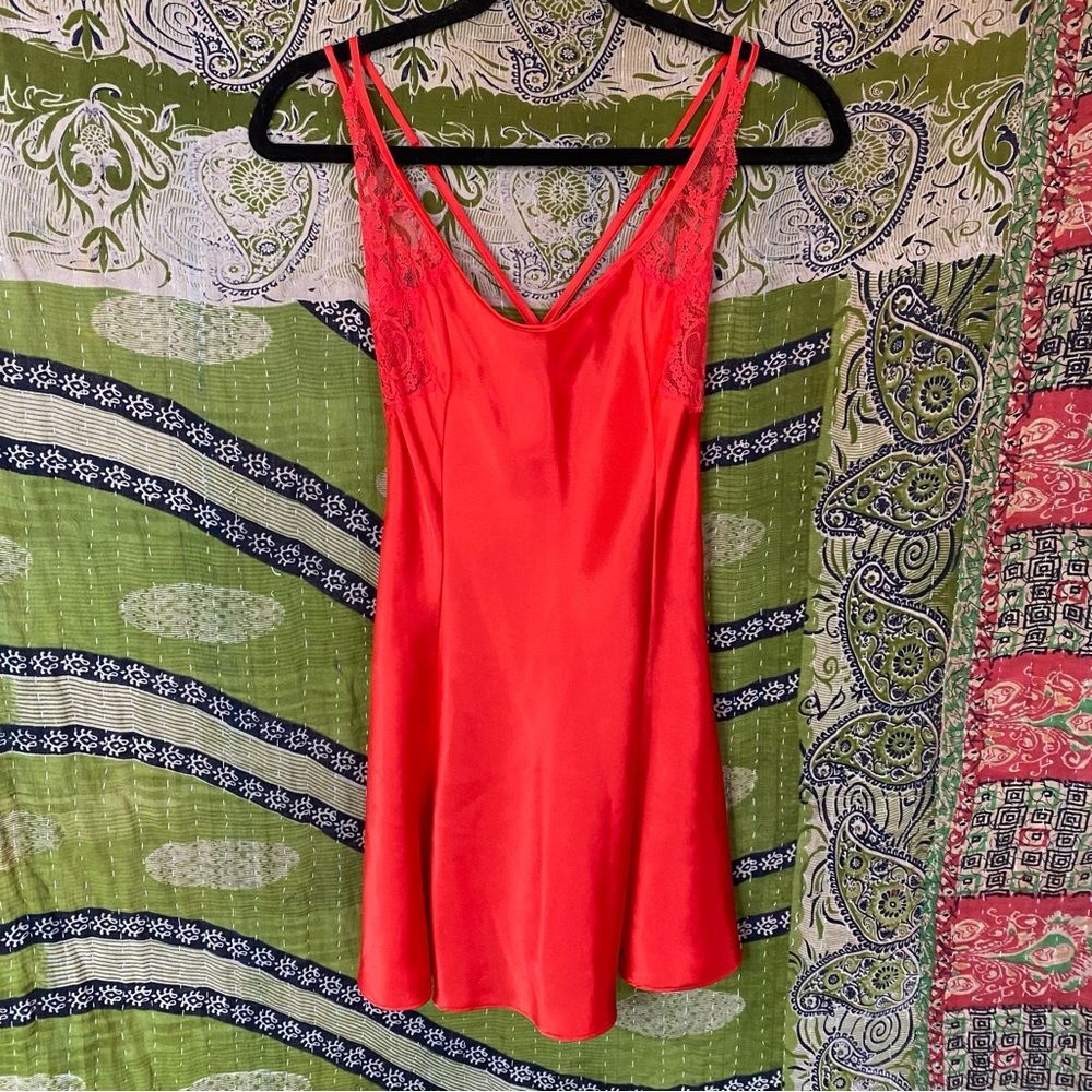 NWOT 90's Victoria's Secret Red Satin and Lace Slip Dress Size Extra Small